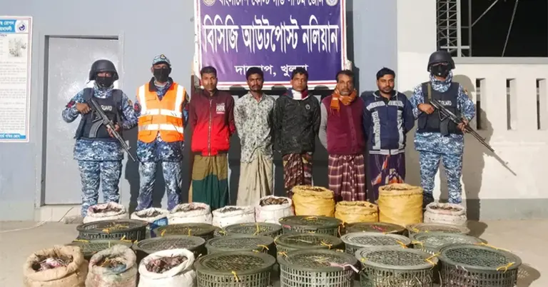 কোস্টেগার্ডের হেফাজতে অবৈধ কাঁকড়াসহ আটকরা